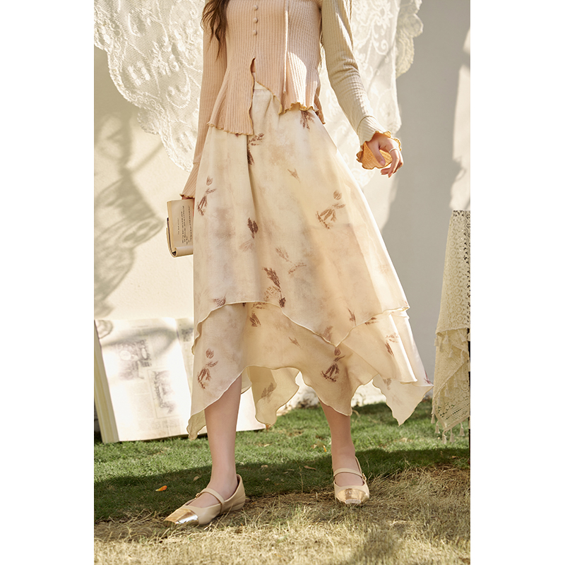 【年末大促】谜秀新品设计感不规则半身裙装高腰显瘦A字裙花长裙子