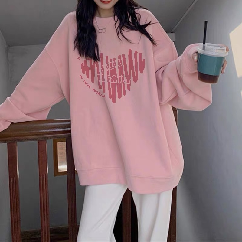 圆领卫衣女秋冬季2023新款韩版慵懒风印花加绒外套潮宽松休闲上衣