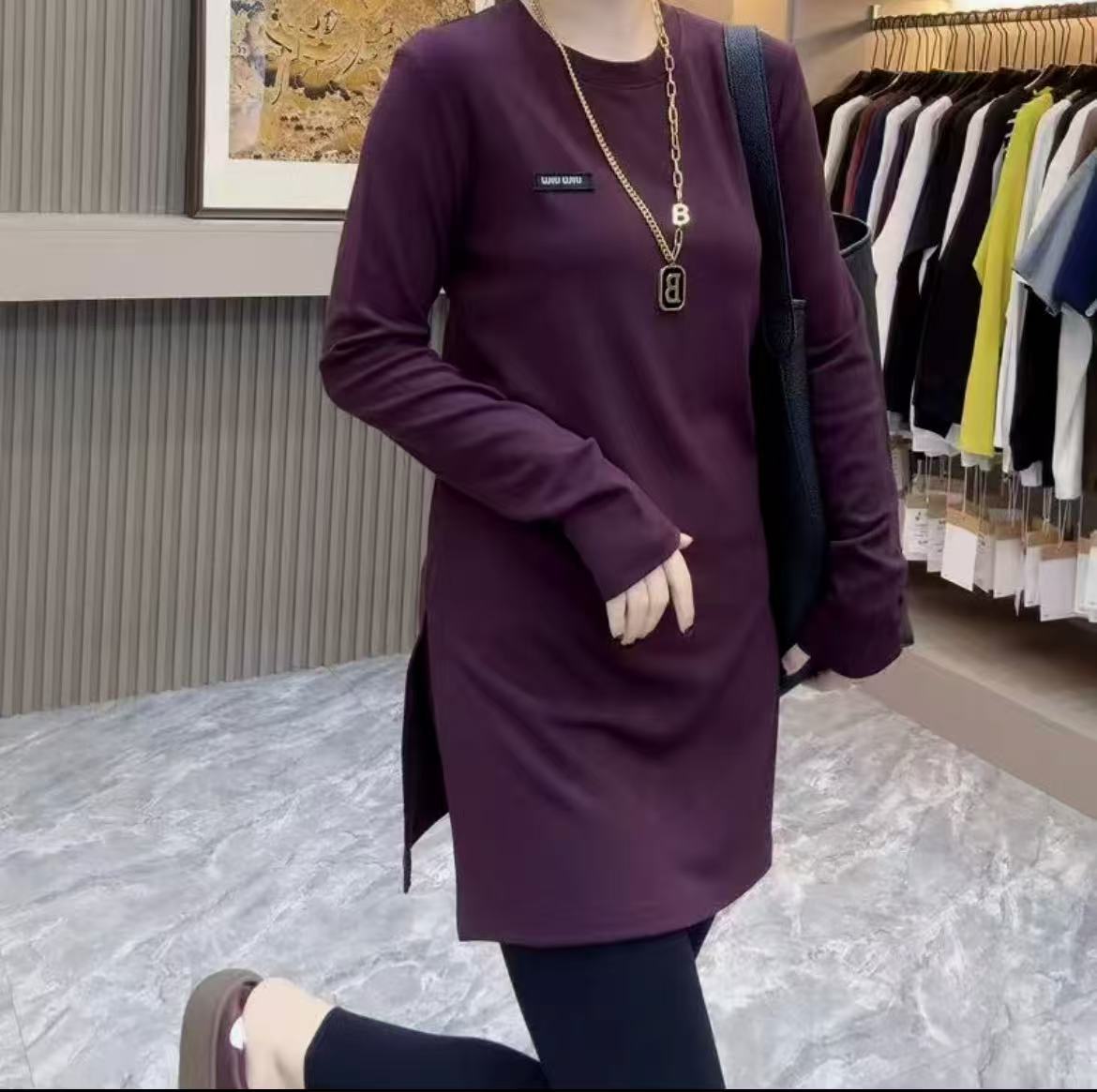 3539（丹姐家）加厚休闲开叉长袖中长款打底衫上衣时尚修身