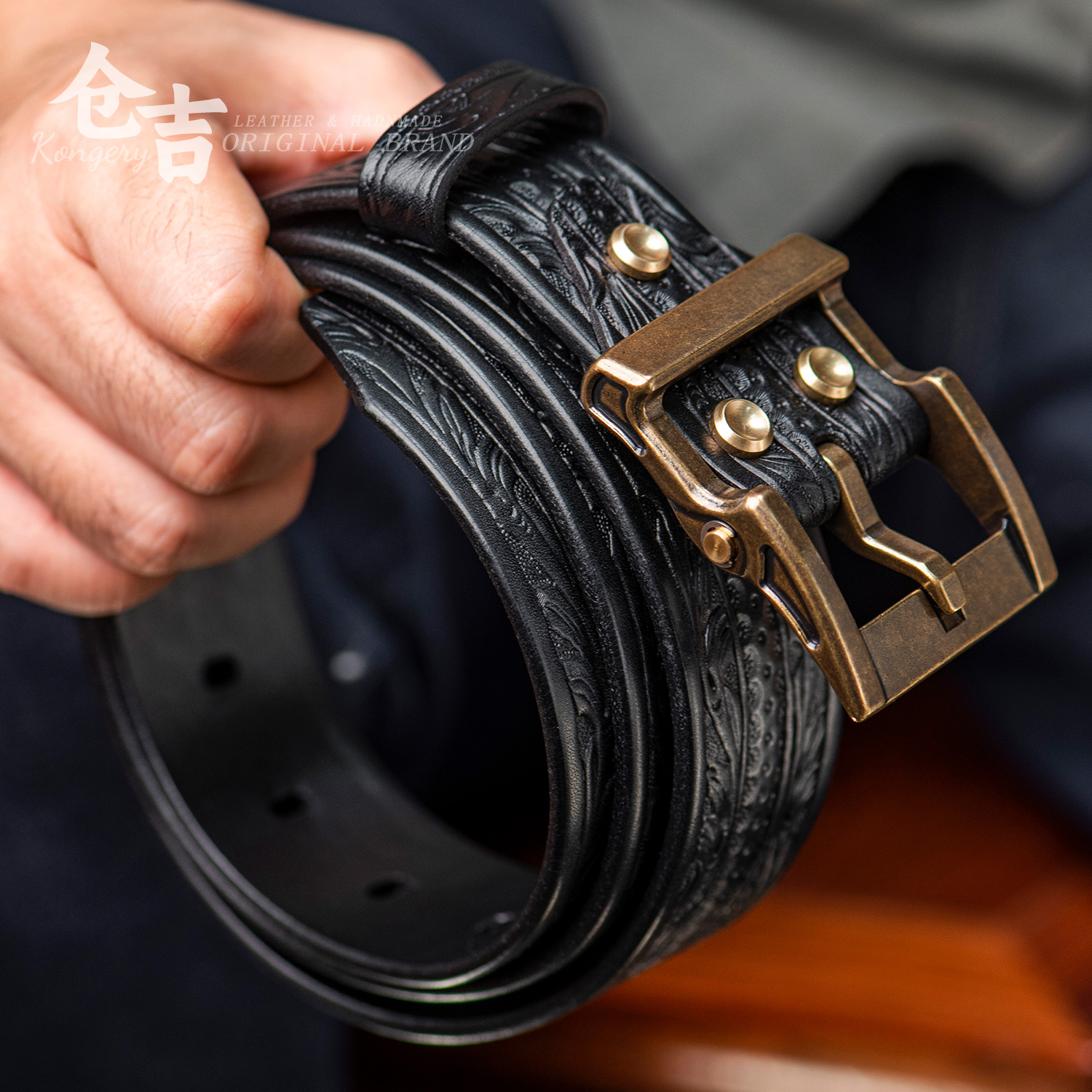 纯铜扣国风腰带！仓吉手工头层牛皮带唐草黄铜真皮复古男裤带礼物