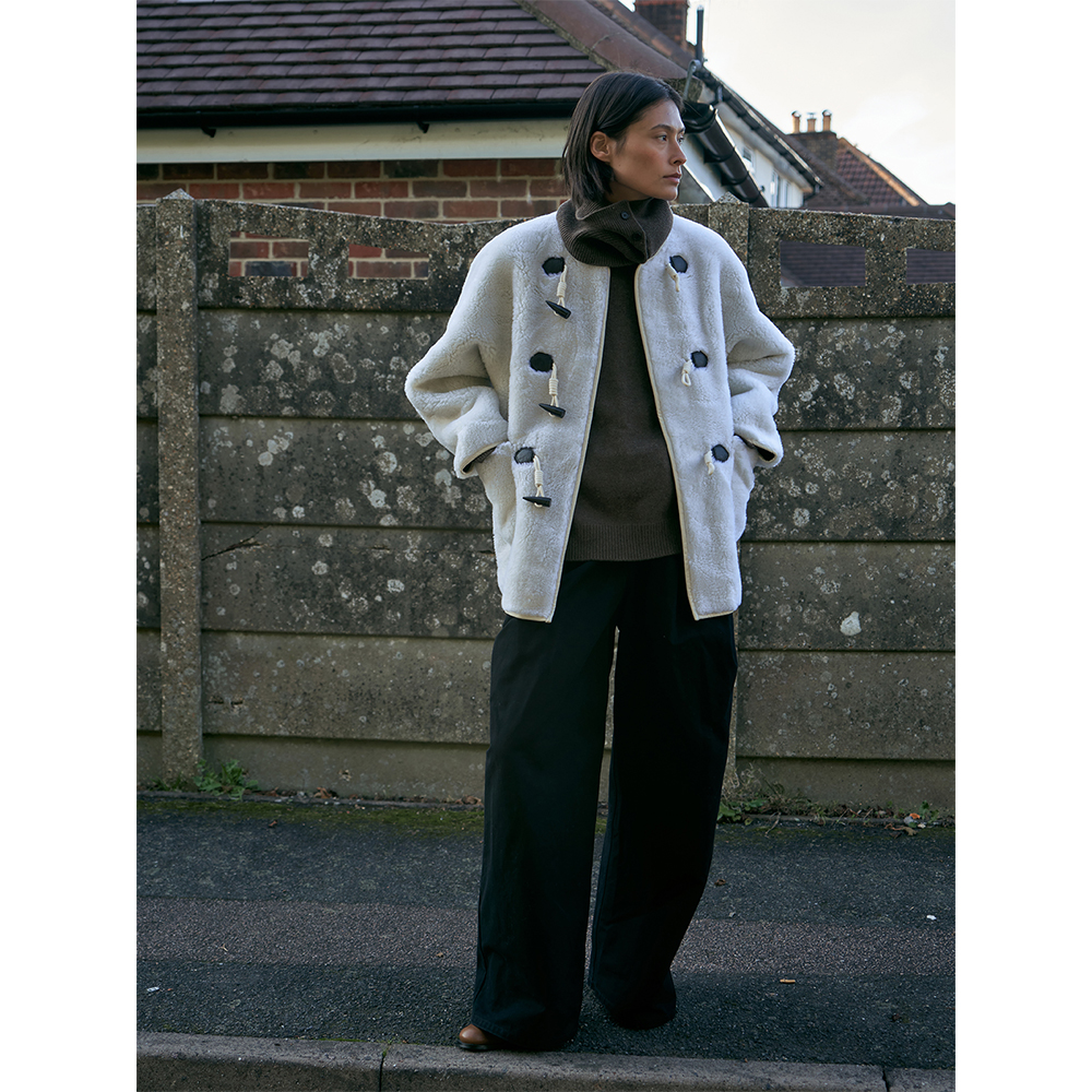 RandomPiece24新品 100%绵羊毛 牛角扣门襟 全毛颗粒材质毛呢外套