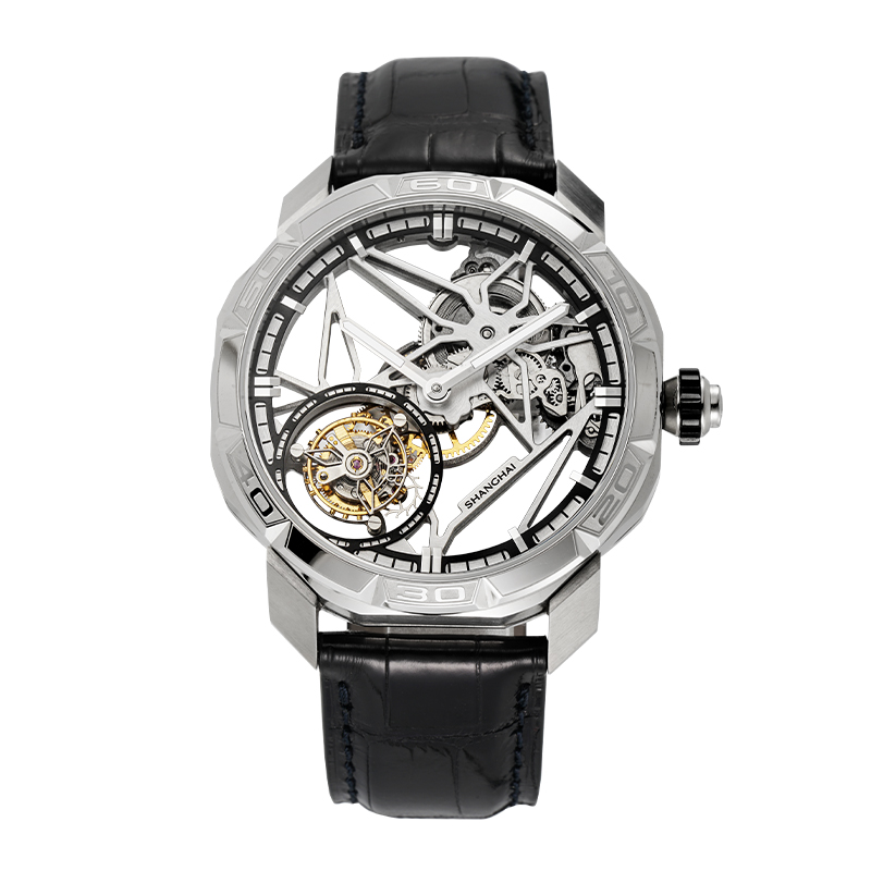 SHANGHAI/上海上海牌八角形双背透镂空 偏心轴陀飞轮男士机械腕表