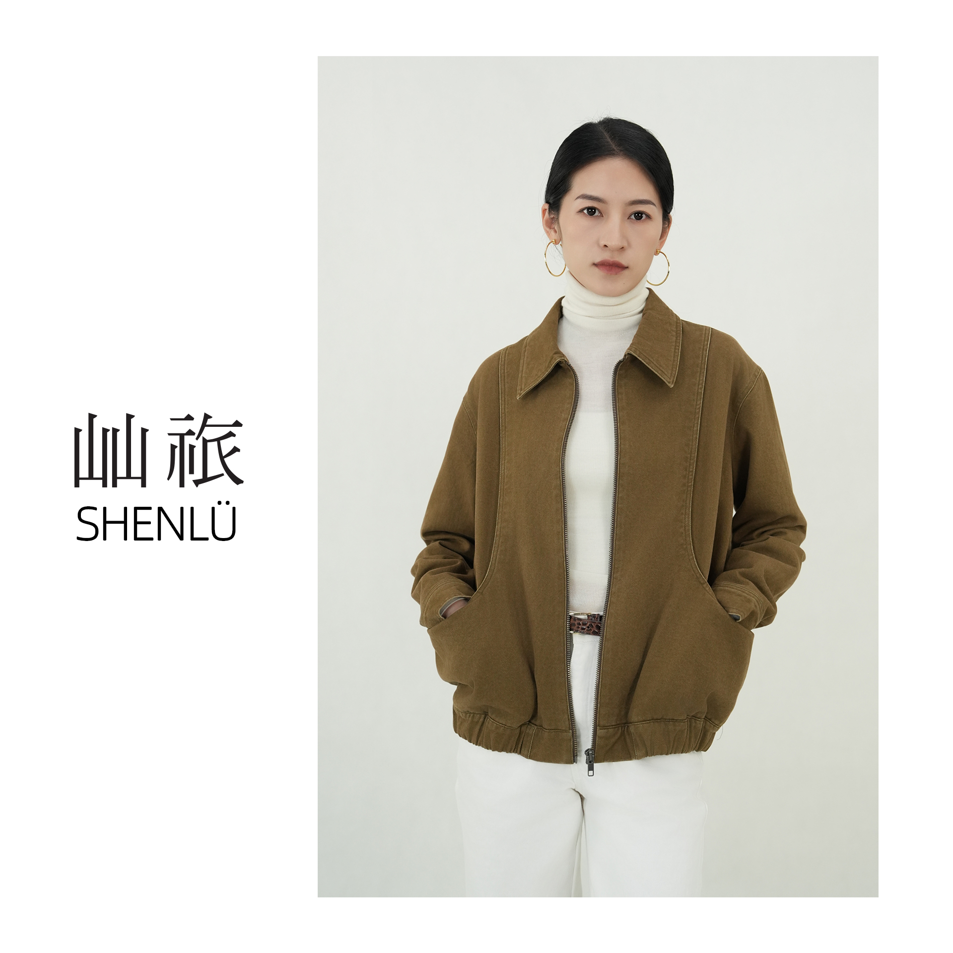 屾祣SHENLÜ【西雅图之秋】美式复古拼接咖色水洗牛仔短款夹克外套