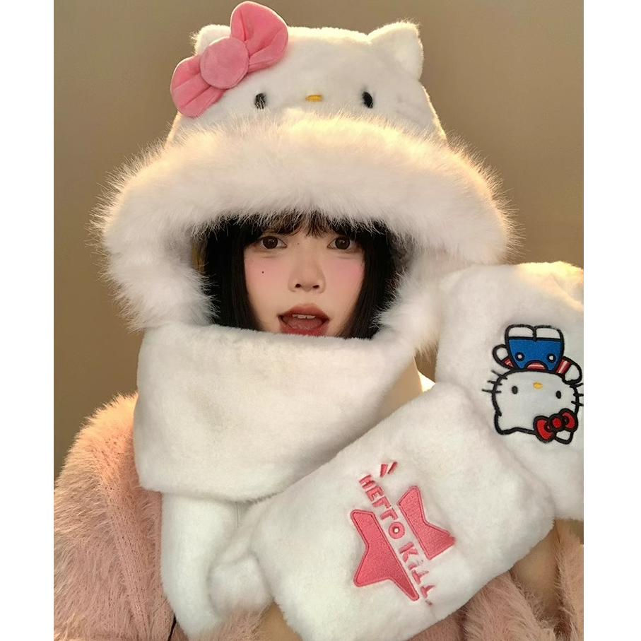 三丽鸥Hellokitty毛绒帽子围巾一体女冬季可爱防寒保暖手套三件套