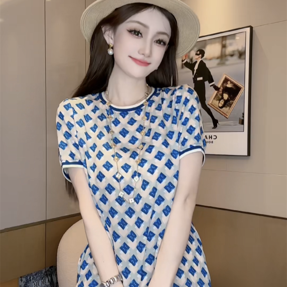 【深圳南油】【E745】100%真丝双绉方块图案拼色螺纹桑蚕丝女装连衣裙