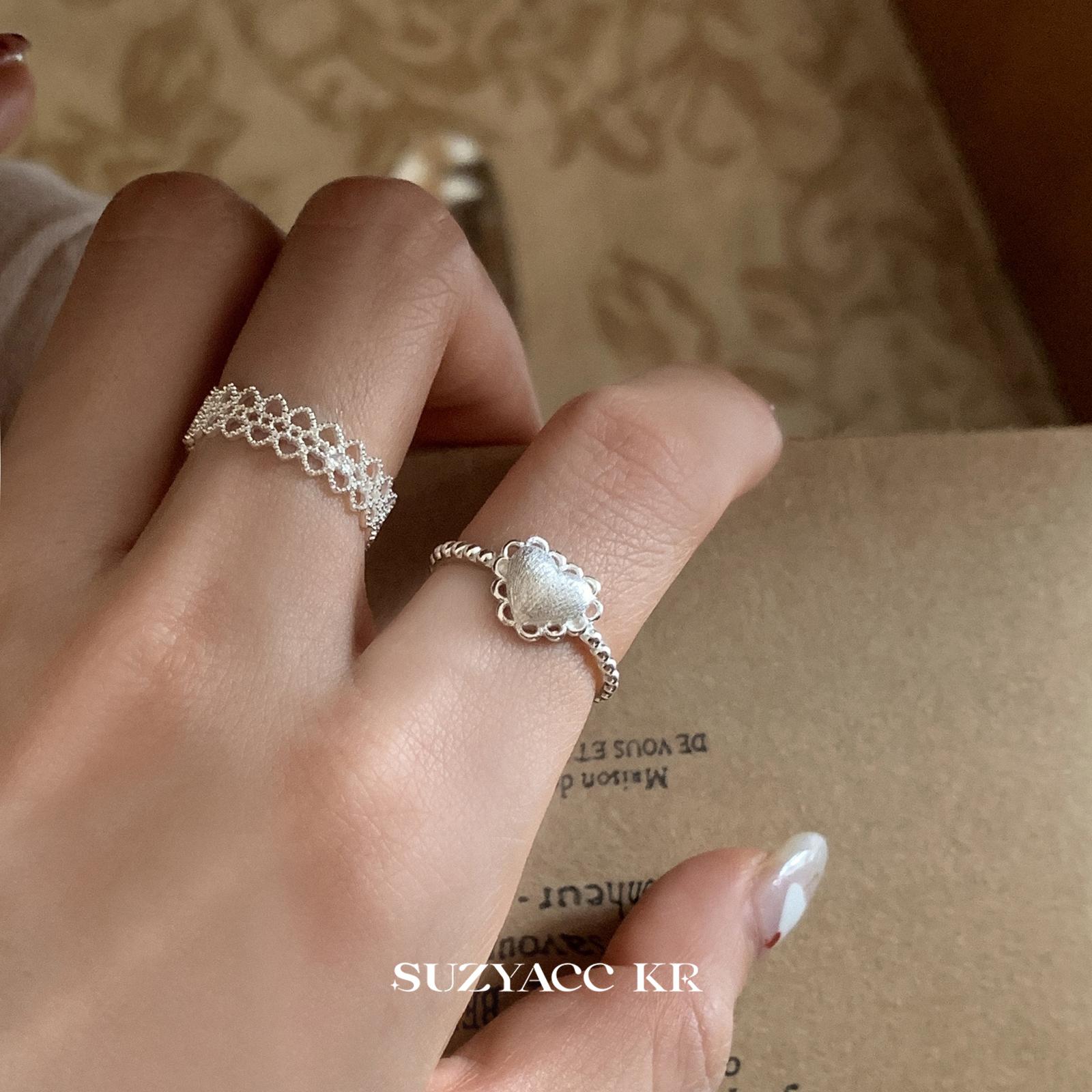 Suzyacc Kr 925银戒指 【蕾丝爱心】芭蕾风甜美镂空爱心戒指DJ0081