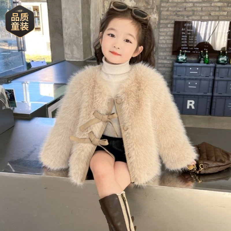 巴拉2024新款宝宝女童外套仿仿皮草毛毛衣儿童蝴蝶结洋气毛绒上衣