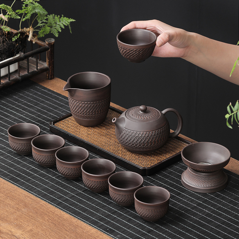 紫陶功夫茶具套装家用客厅复古陶瓷茶壶盖碗紫砂茶杯礼盒整套批发