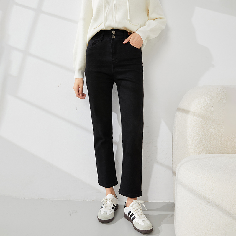 曼贝女士休闲直筒裤纯色百搭时尚显瘦经典牛仔裤8374001A【甜甜】