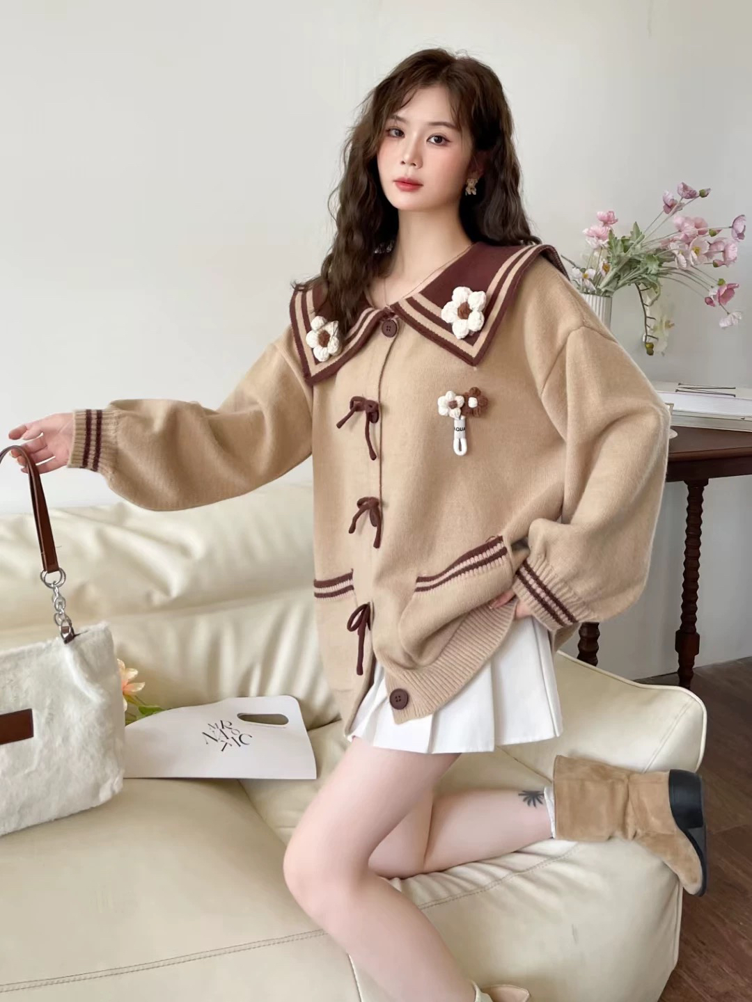 羊小姐家 韩版海军领针织开衫学院风外套毛衣