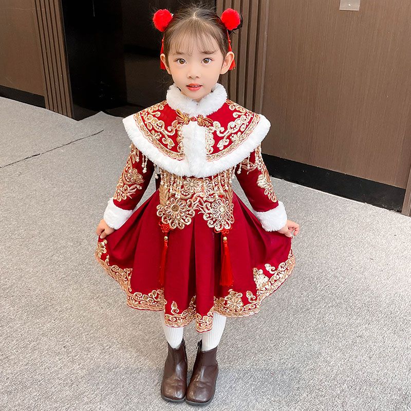 汉服女童冬款裙子女孩中国风古装唐装2023新款儿童新年拜年服冬装