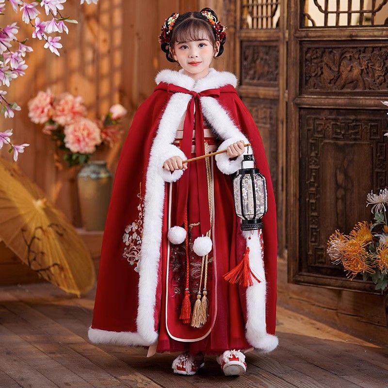 新年衣服女童拜年服冬加厚红色中国风唐装古装儿童汉服女冬季裙子