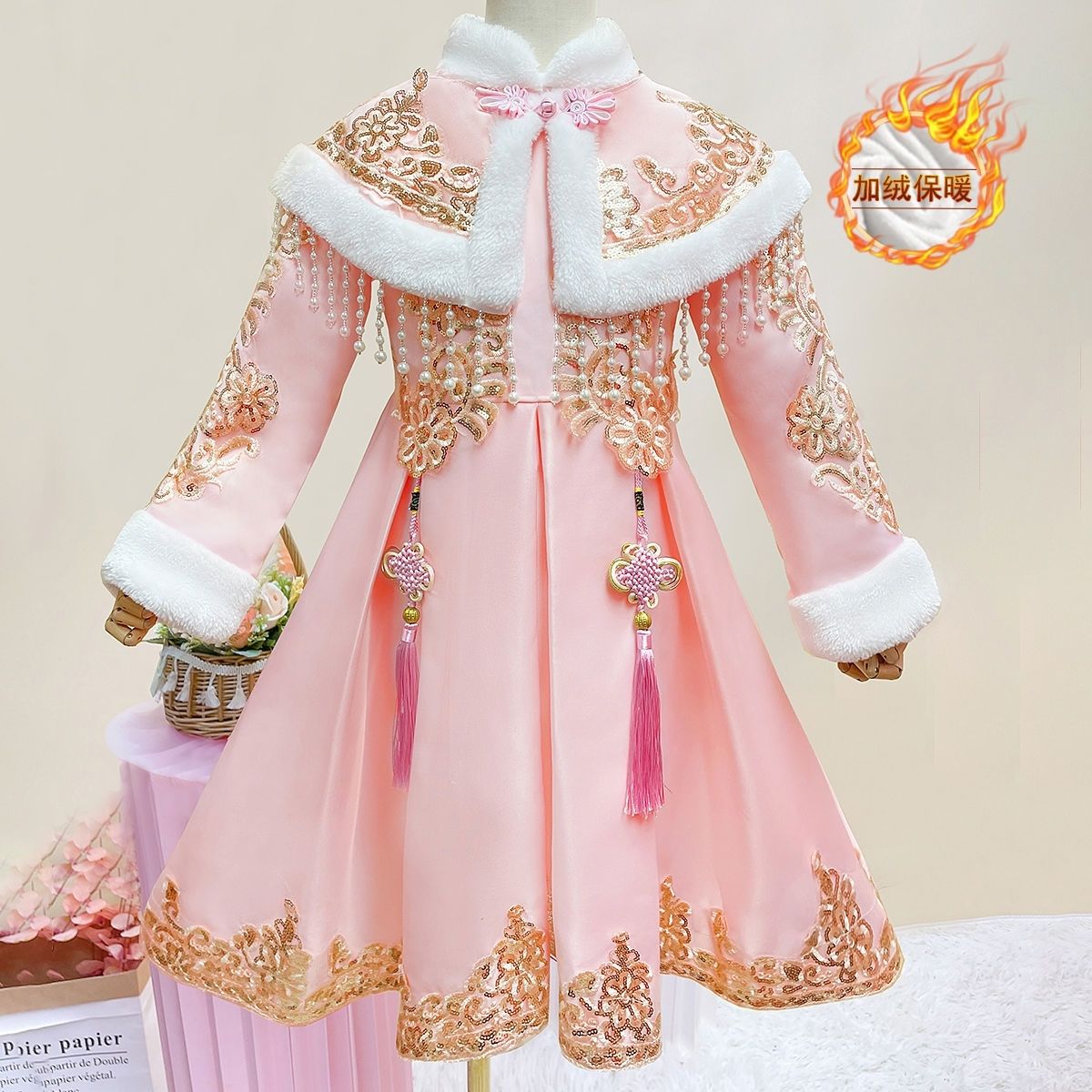 女童国潮风拜年服冬季新款喜庆小女孩加厚中国风汉服唐装连衣裙