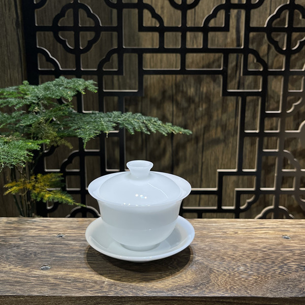 手工高档德化白瓷上釉薄胎纯白小元宝功夫茶具潮汕陶瓷小盖碗