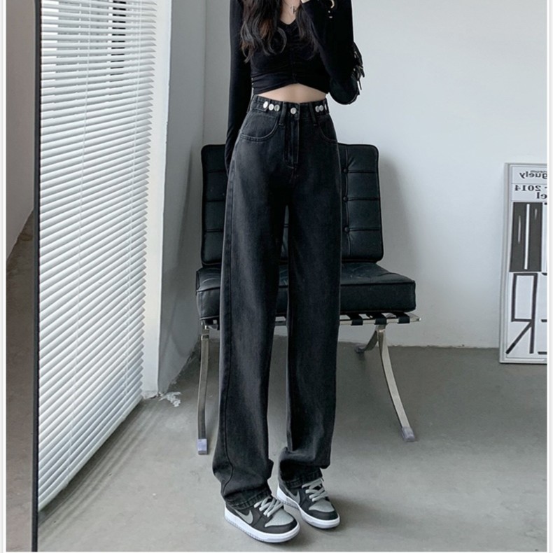 可调节腰围窄版阔腿裤女黑色春秋高腰宽松显瘦直筒裤拖地牛仔裤