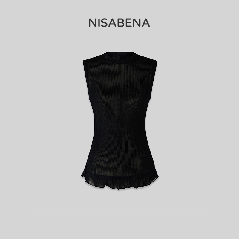 nisabena【情景再现】针织时尚背心透透上衣蕾丝打底黑色修身针织衫