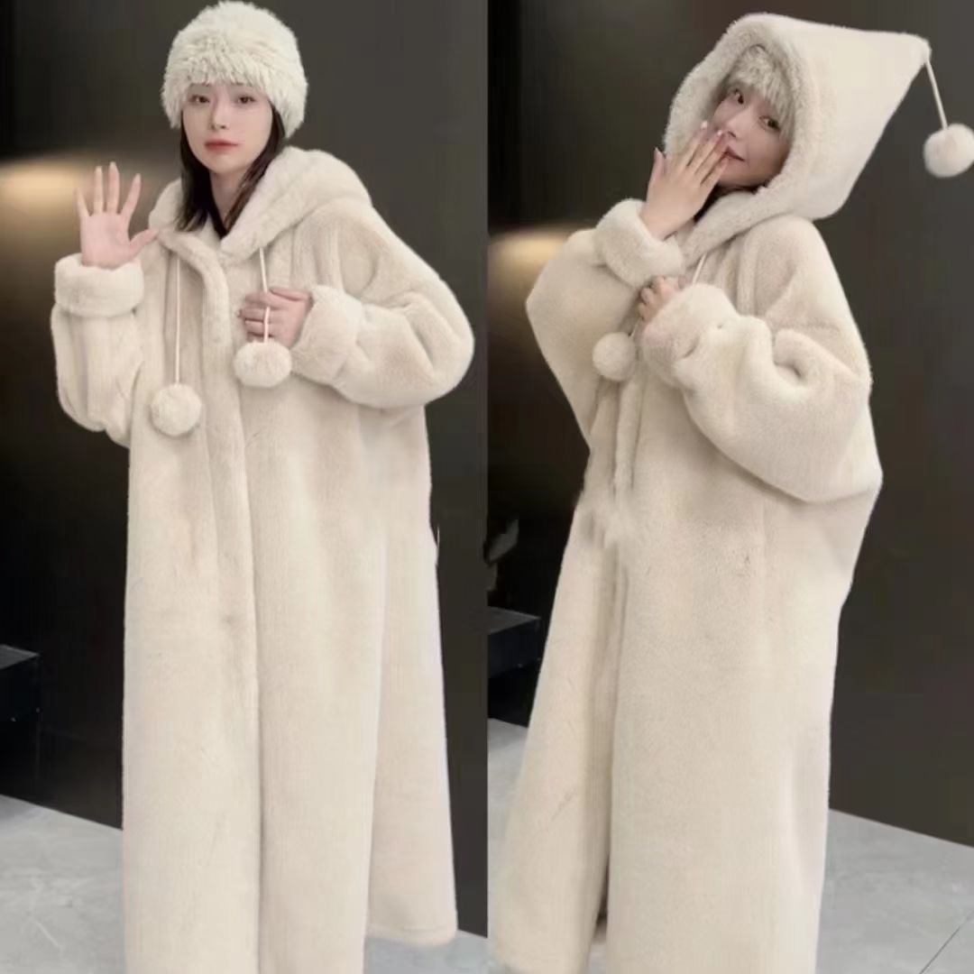 24年巫师帽毛绒绒北极貂绒长款外套网红时尚仿貂毛