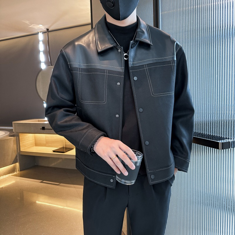 （九月）高品质新品男士高品质时尚潮流拼接纯色百搭休闲夹克外套