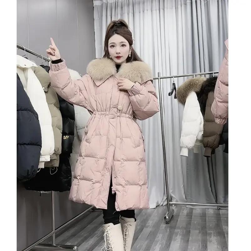 羽绒服时尚韩版狐狸毛领女2023新款海军领韩版长款收腰宽松加厚冬