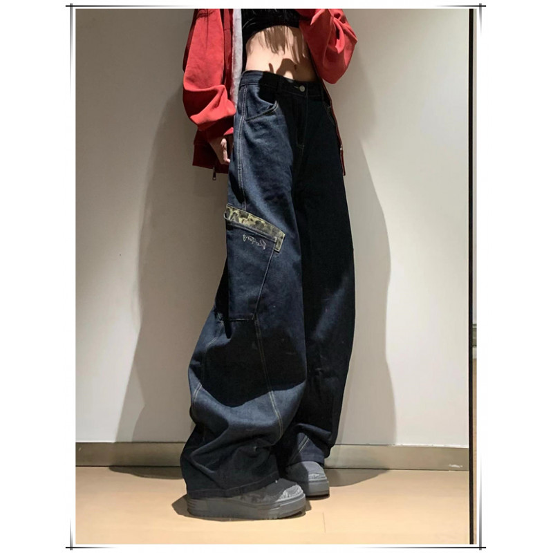 复古豹纹拼接弯刀牛仔裤男女秋冬阔腿垂感直筒拖地老爹裤潮牌裤子