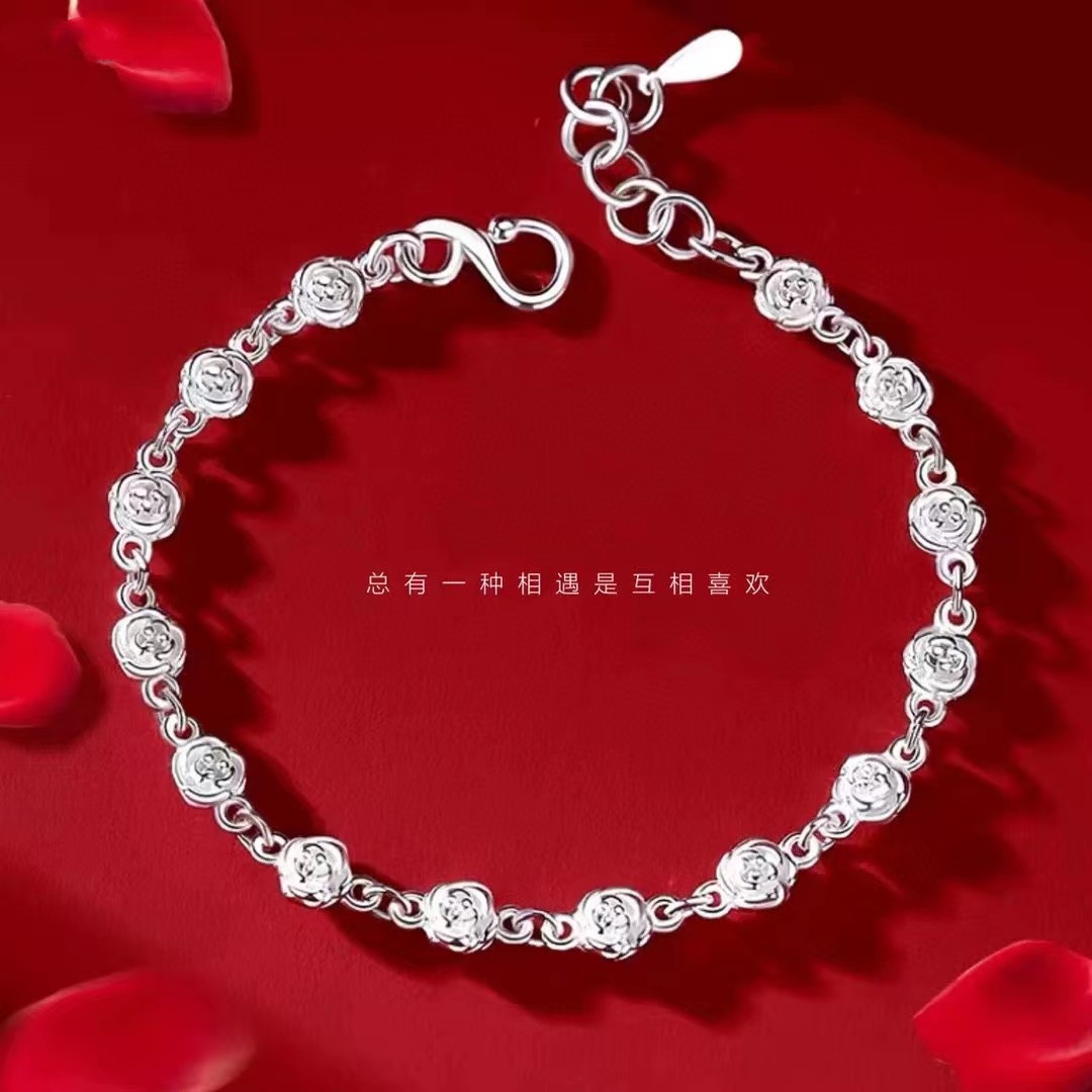 足银手链 纯银990手链时尚双面玫瑰花气质百搭甜美送女友情侣礼物