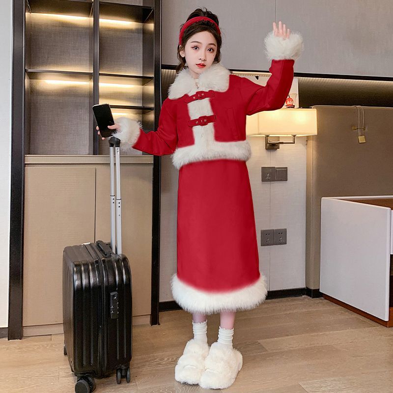 女童小香风套装裙2024拜年服加厚夹棉中大童洋气上衣半身裙两件套