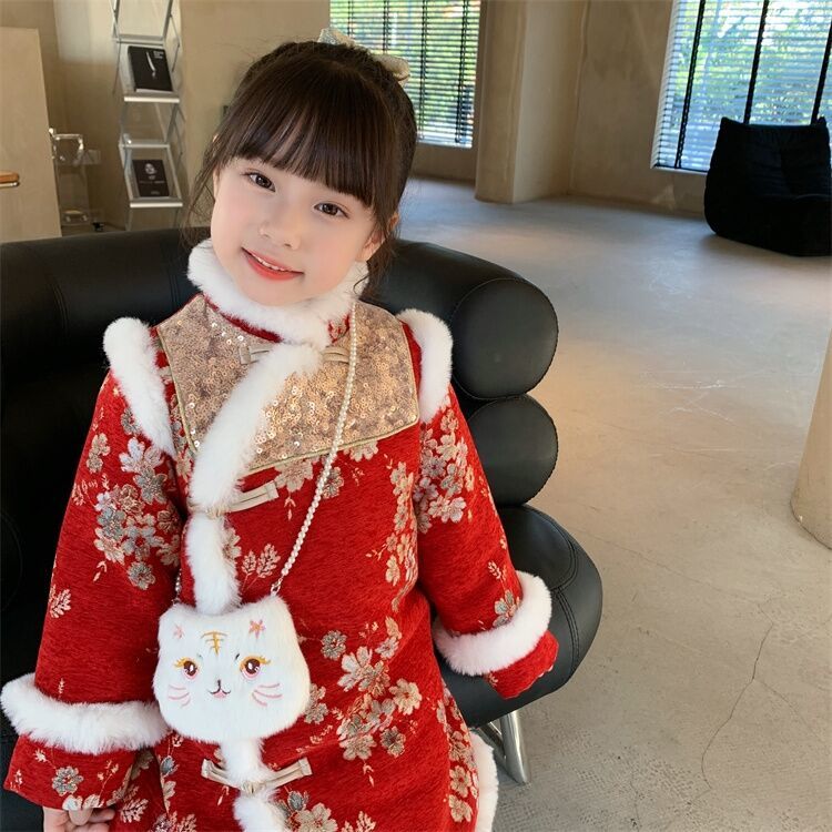 女童旗袍冬装2023新款儿童中国风唐装拜年服加厚夹棉小女孩连衣裙