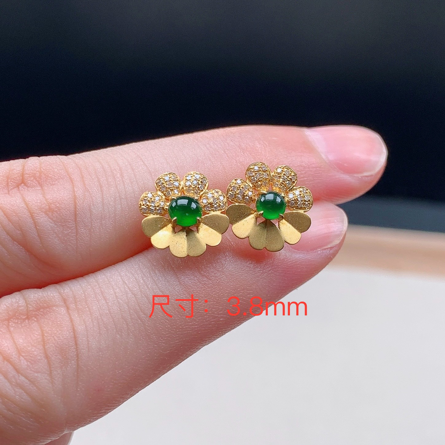 冰种满绿蛋面太阳花耳钉耳坠、天然A货翡翠