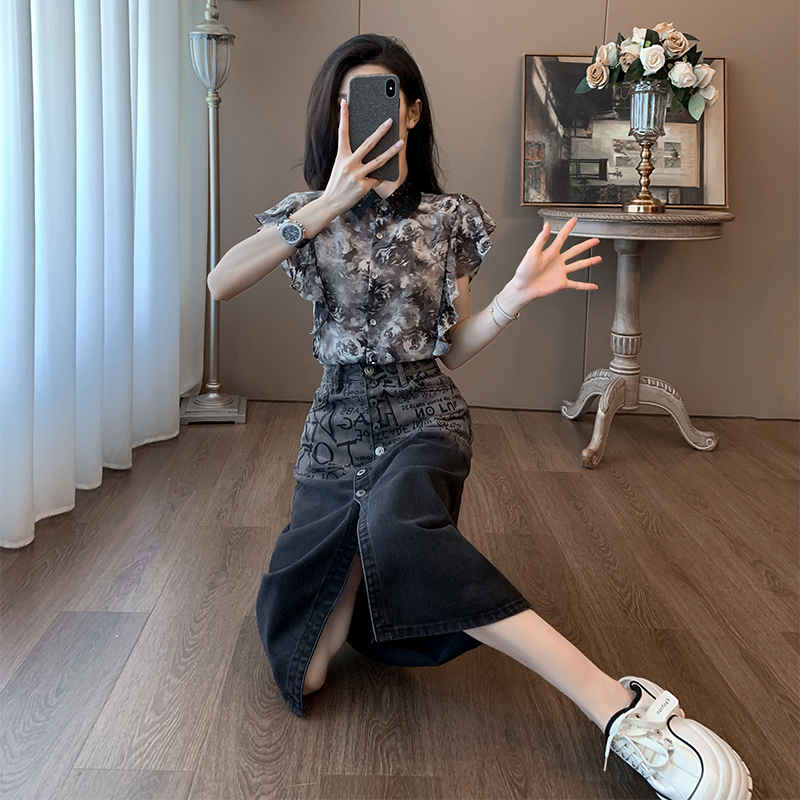 夏装搭配一整套休闲时尚套装裙女夏减龄洋气衬衫牛仔半身裙两件套