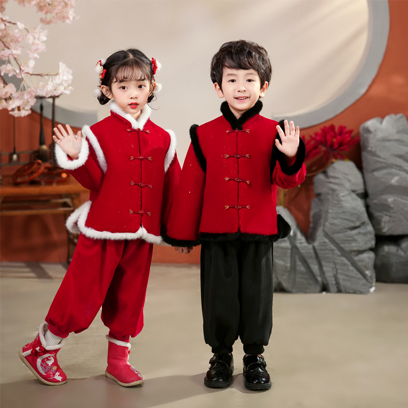 儿童拜年服唐装冬季汉服加厚男女宝宝红色喜庆服套装元旦表演男童