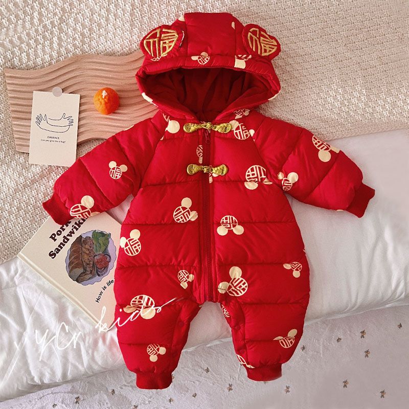 婴儿连体衣冬款红色新年过年服宝宝加绒秋冬防寒爬