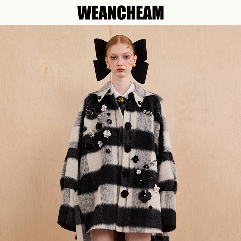 WEANCHEAM未未姆高智淡人山寅书院钉钻连帽双面尼外套W14QDT007