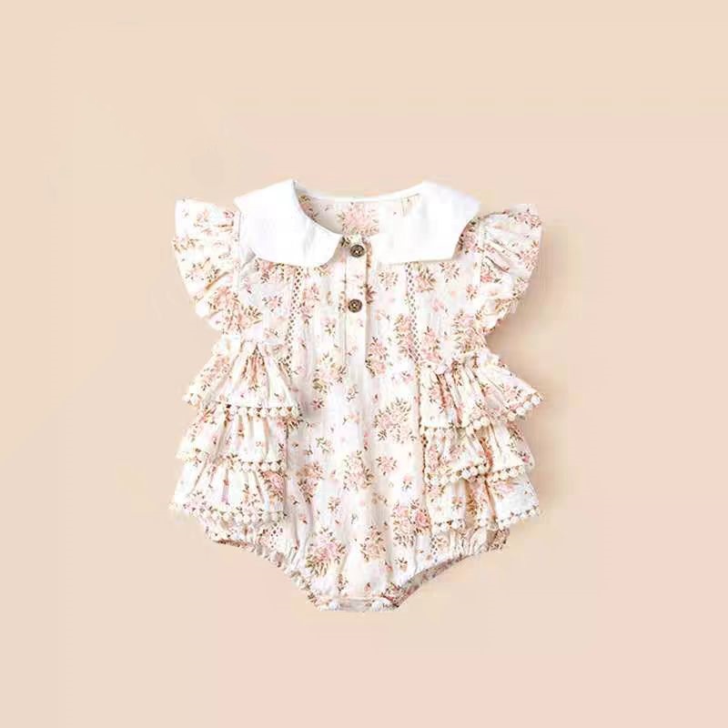 夏款宝宝衣服新款娃娃领飞袖粉碎花纱布女宝宝甜美可爱包屁衣