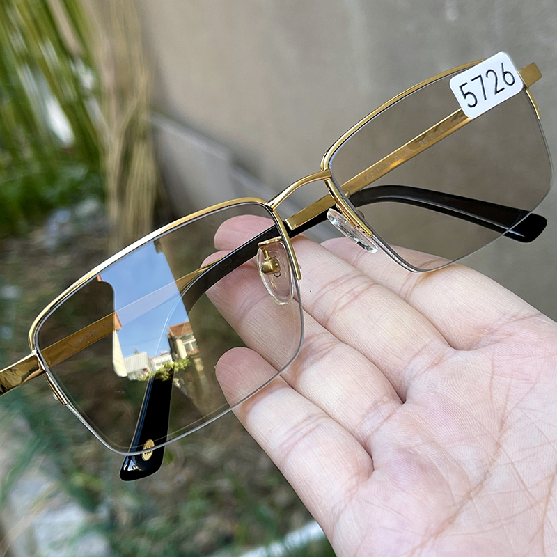 带浅石纹 纯天然茶水晶老料石头眼镜 冰糖色平光镜 半框纯钛架