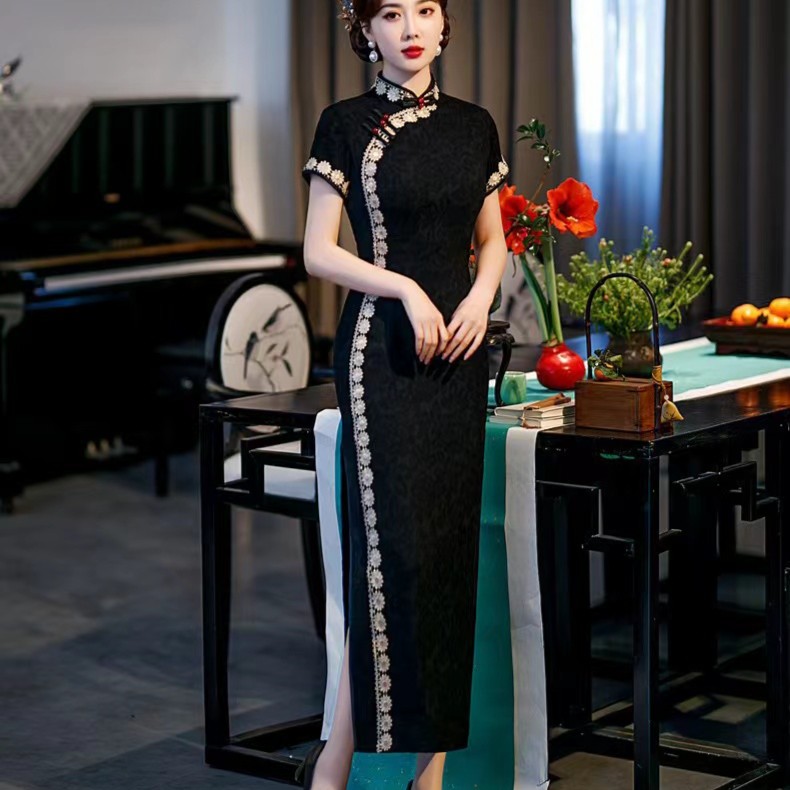 归鸟 提花蕾丝包边长款旗袍夏季修身黑色优雅日常复古显瘦走秀