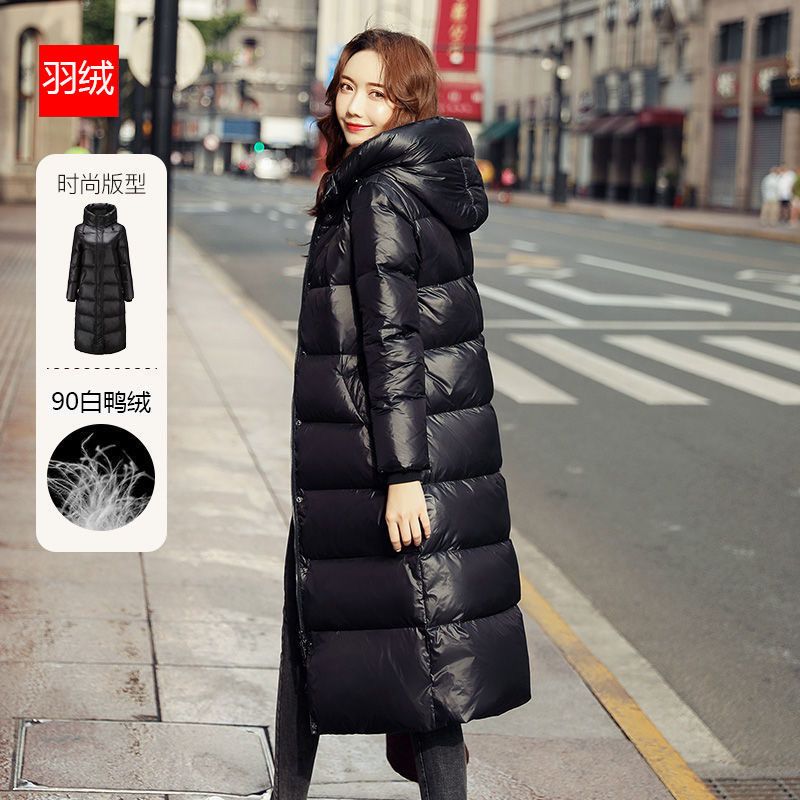 艾莱依羽绒服长款连帽黑色羽绒服女中长款新款爆款加厚过膝白鸭绒