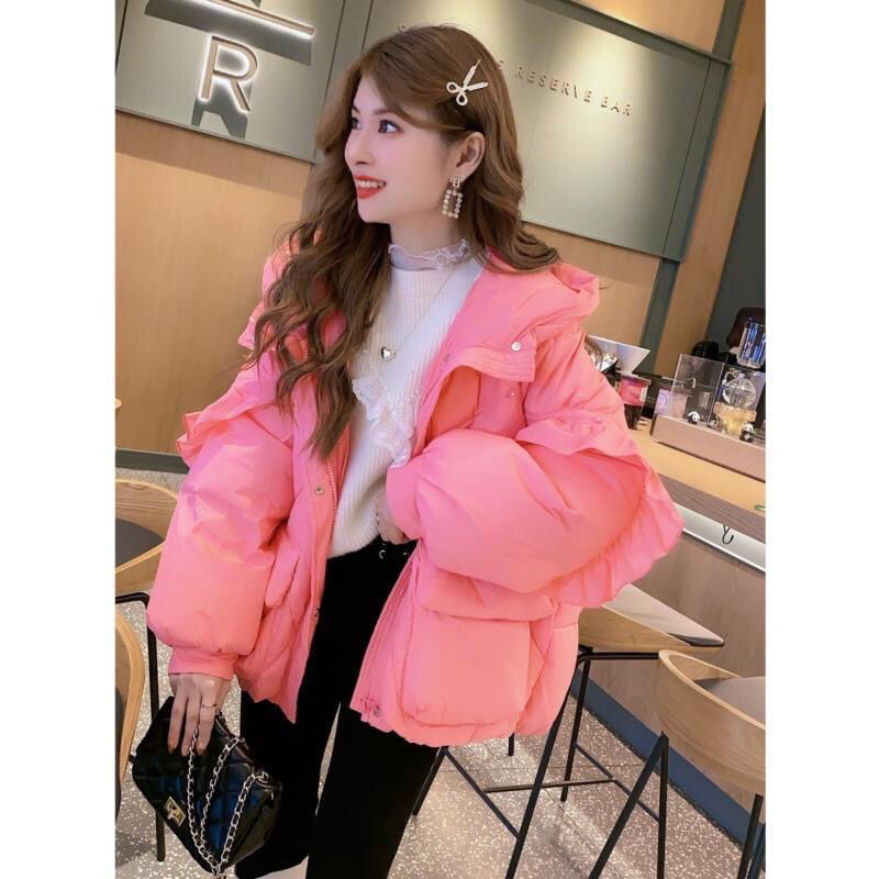 艾莱依羽绒服羽绒服女2023冬季新款小个子荷叶边设计连帽白鸭绒百