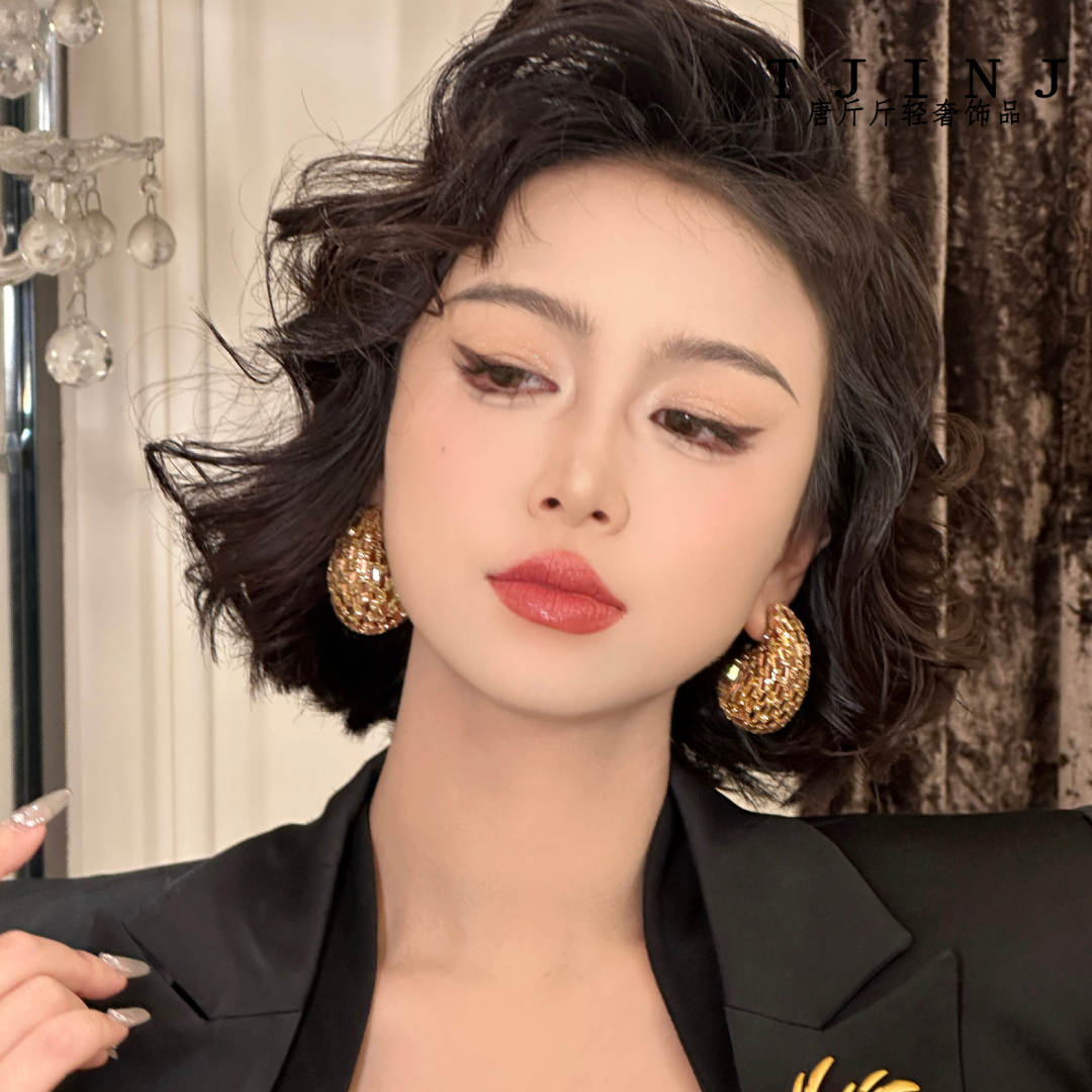 铜合金耳饰 【巴贝多水滴】气质设计师款小众复古轻奢满钻水滴耳饰