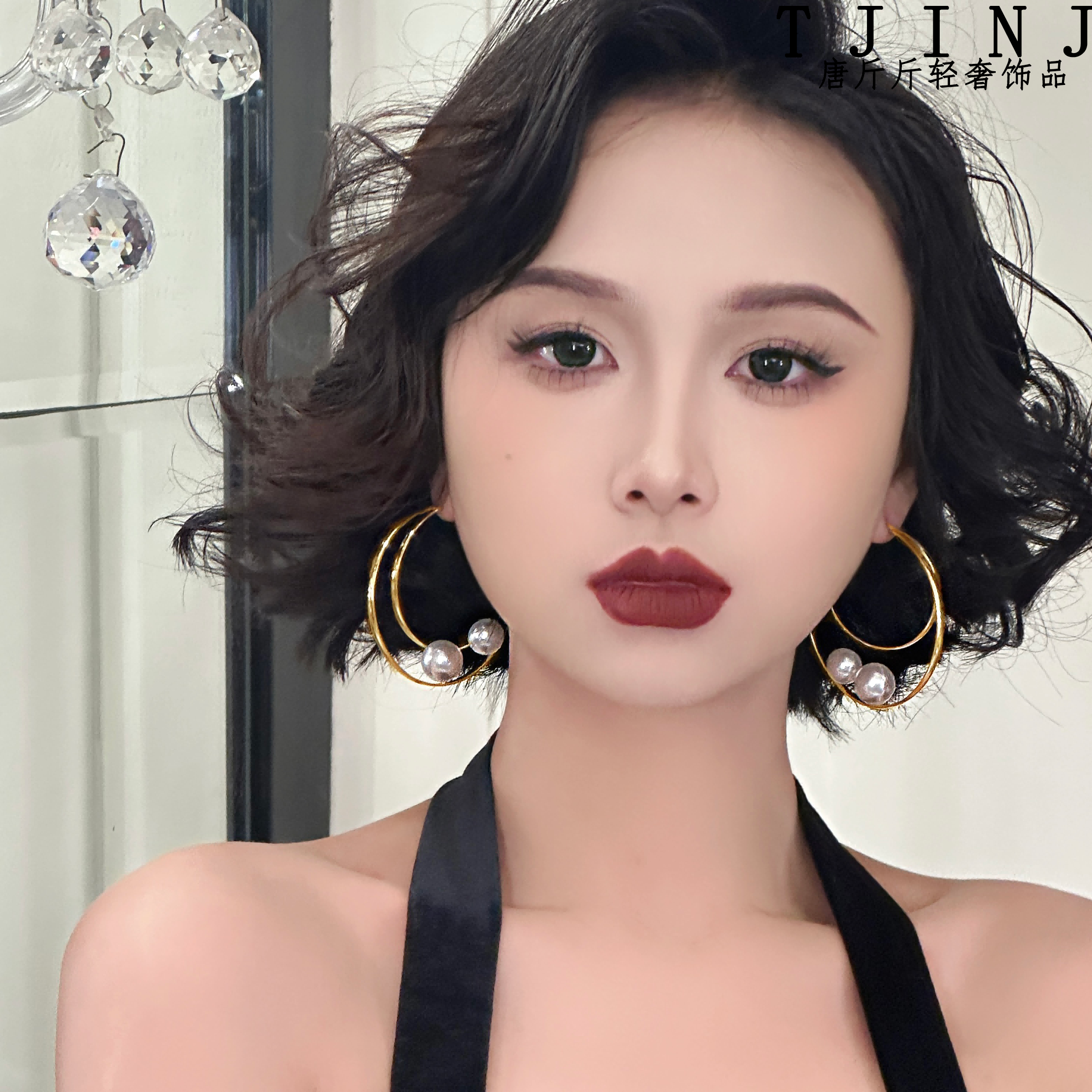 铜合金耳饰 【简约女主】设计师双层c圈双珠法式耳饰