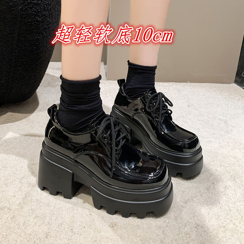 粗跟厚底增高cm小皮鞋女秋上新系带方头高跟百搭休闲包鞋潮