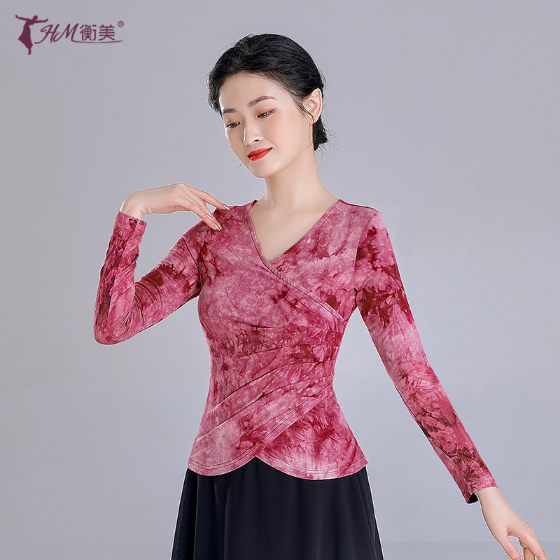 V领舞蹈练功服上衣女成人扎染现代古典舞蹈服装中国风形体训练服