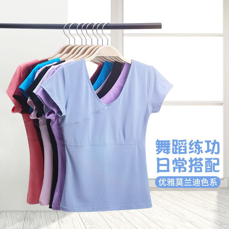 芭蕾舞蹈服上衣女练功服紧身v领成人夏短袖艺考体操形体服白色t恤