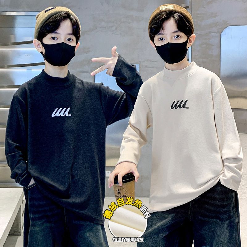 男童秋冬款德绒半高领打底衫新款中大童加绒保暖内搭T恤长袖上衣