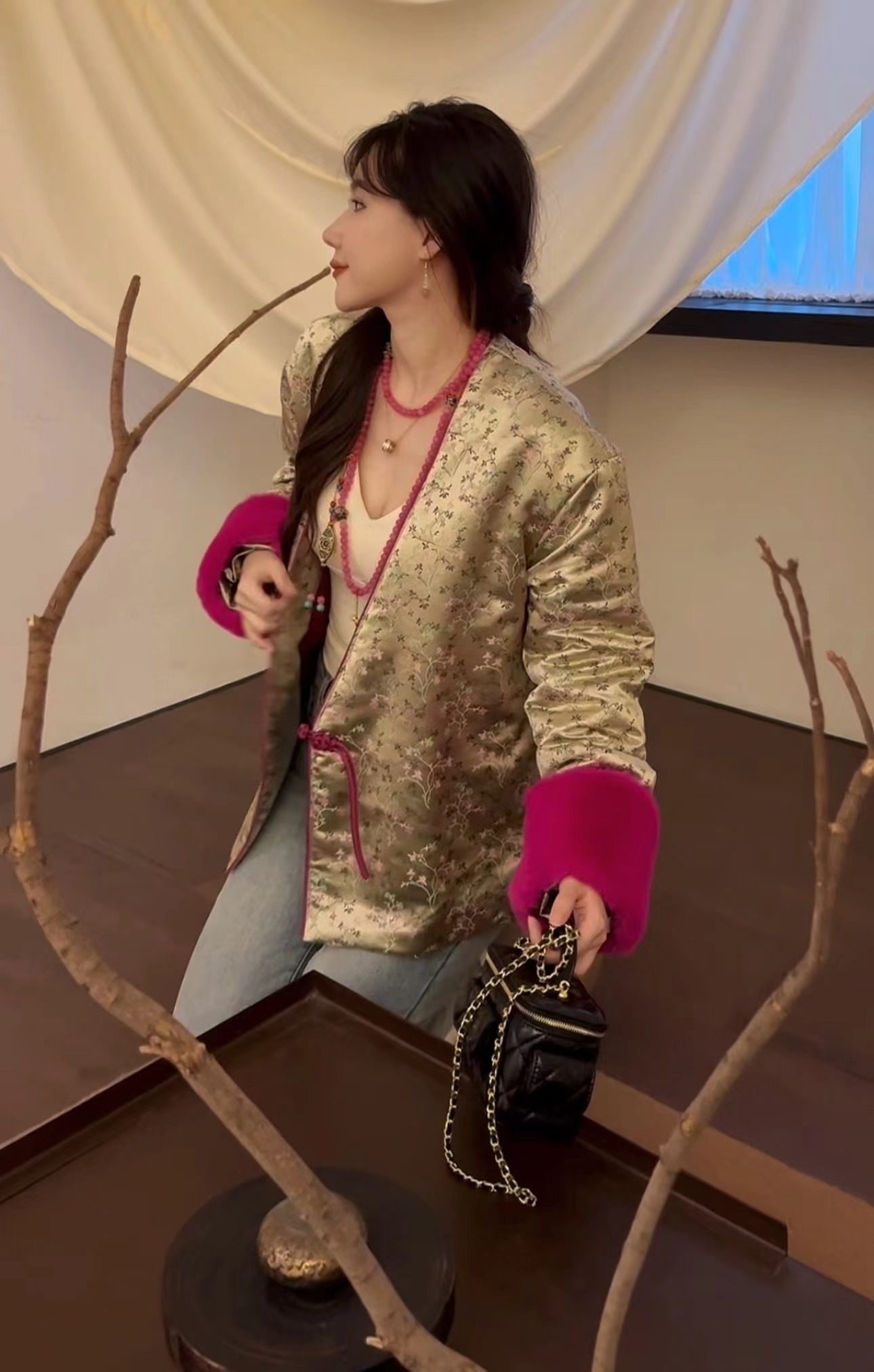 v3876 【粉锦】CC推荐 复古碎花撞色气质V领国风外套