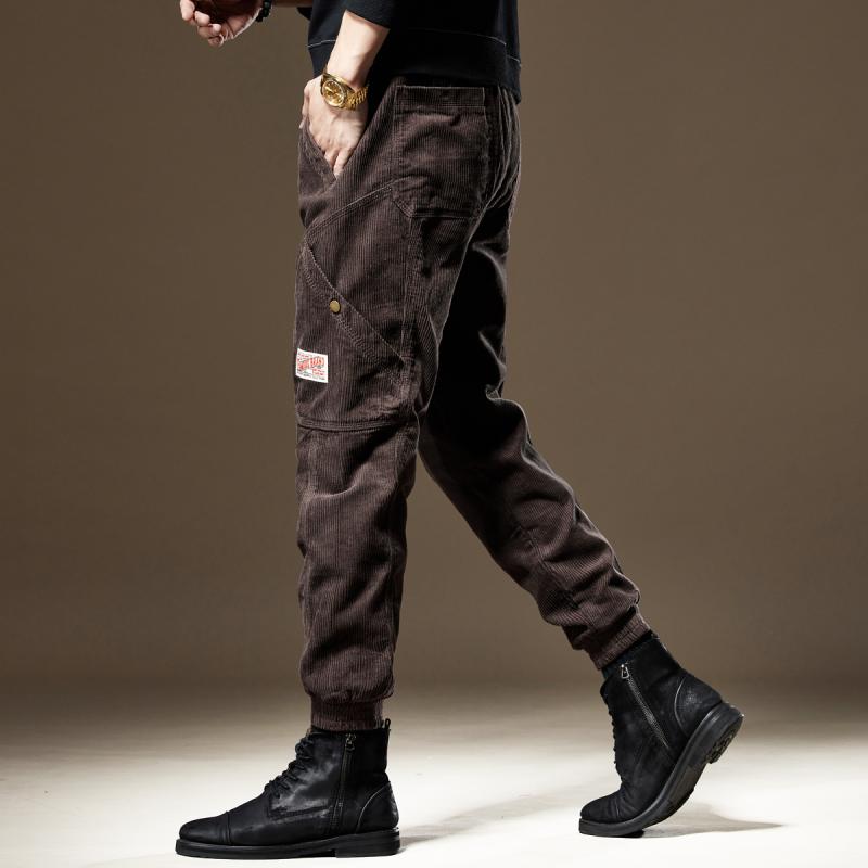 春秋美式设计感灯芯绒工装休闲裤男宽松大码秋季潮流哈伦束裤子男