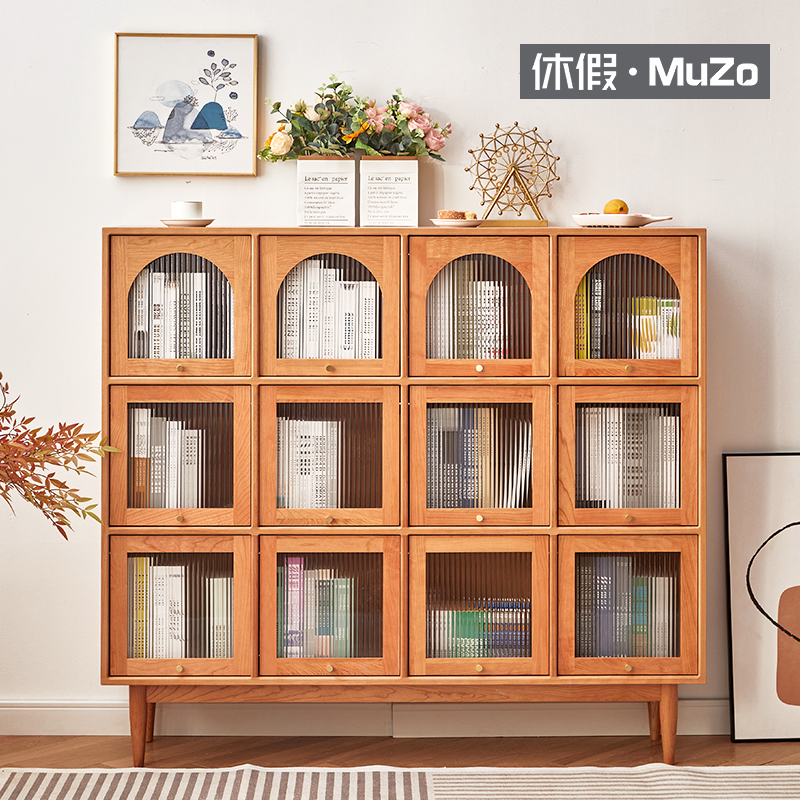 北欧复古实木客厅展示柜樱桃木日式手办餐边格子书柜置物收纳斗柜