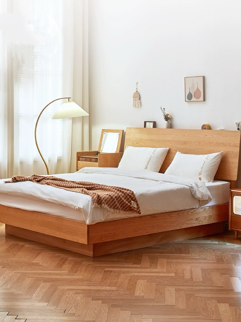 北欧实木箱体床日式小户型1.5樱桃木气柱悬浮高箱1.8米双人储物床