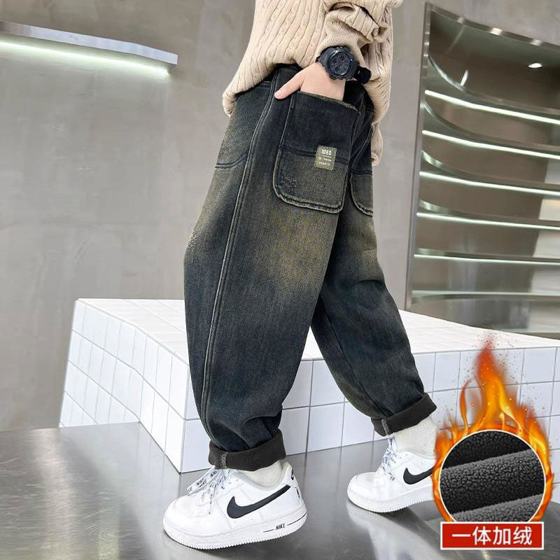 儿童装男童冬装加绒裤子2023新款秋冬款大童一体绒加厚冬季牛仔裤