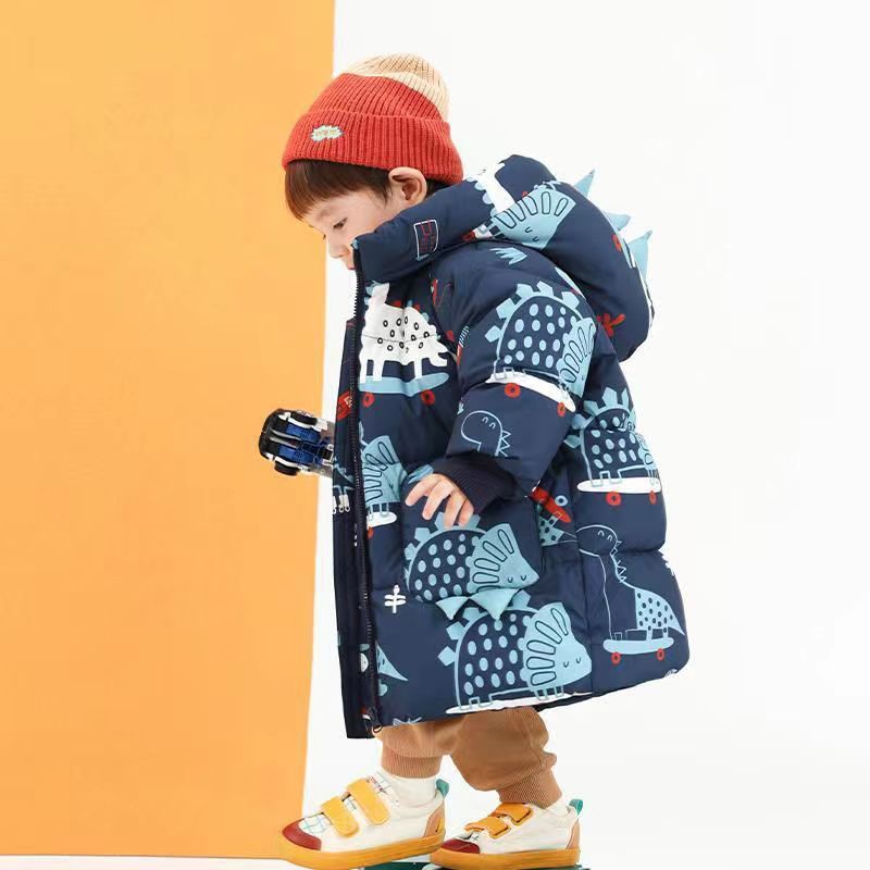 儿童男童棉服中长款2023新款冬季男宝宝洋气加厚保暖百搭卡通外套