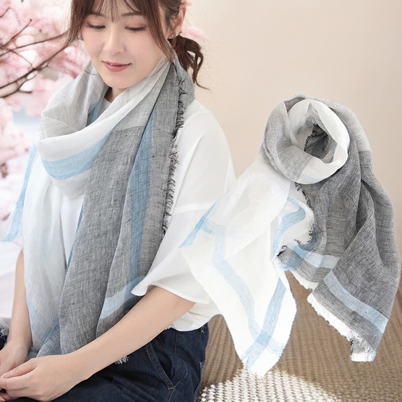 日系简约灰白拼色亚麻围巾随性毛边棉麻披肩 秋冬季保暖百搭丝巾 